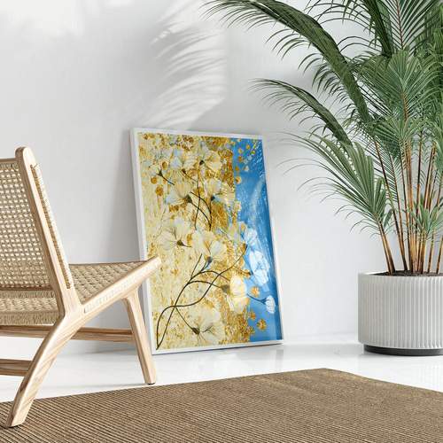 アートポスター 青 金 ゴールド 花 抽象画 水彩 北欧風 おしゃれ