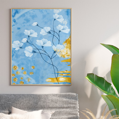 青と金の花アート 抽象的な水彩画 モダンインテリアポスター北欧