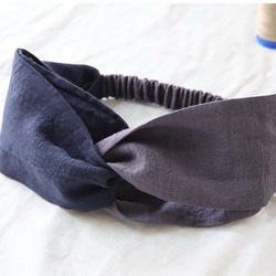 秋冬色くすみカラーのベルギーリネンヘアバンド／リネンツイストクロスターバン／グレーパープル×ネイビーのバイカラー 1枚目の画像