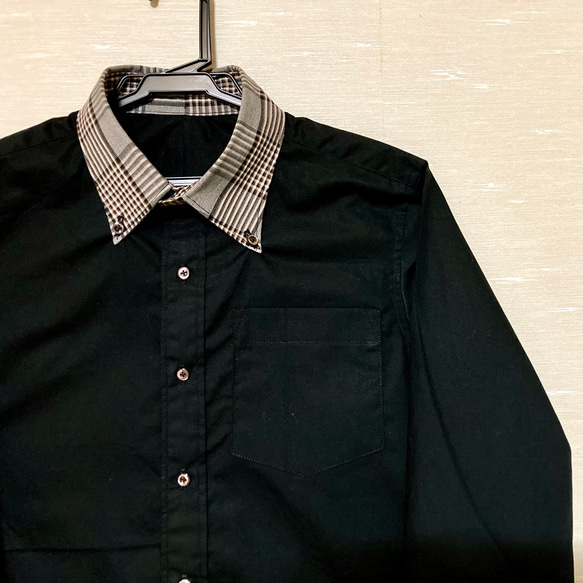 Men's] ☆サイズ指定可☆黒シャツ×チェック柄襟 メンズシャツ