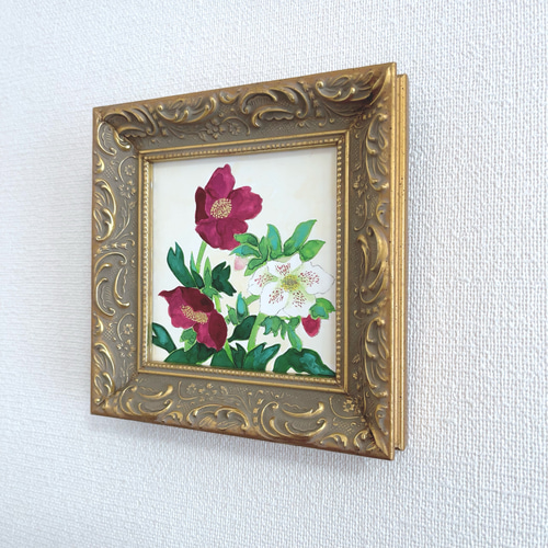 油彩画　クリスマスローズ　自作の額縁です。 Creema限定 日本画/原画《クリスマスローズ》 絵画 Blancheur art 通販