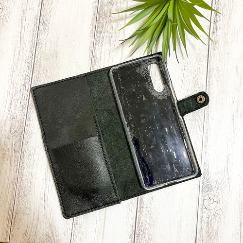 iPhoneケース スマホケース 手帳型 レザークラフト 黒 本革 レザー