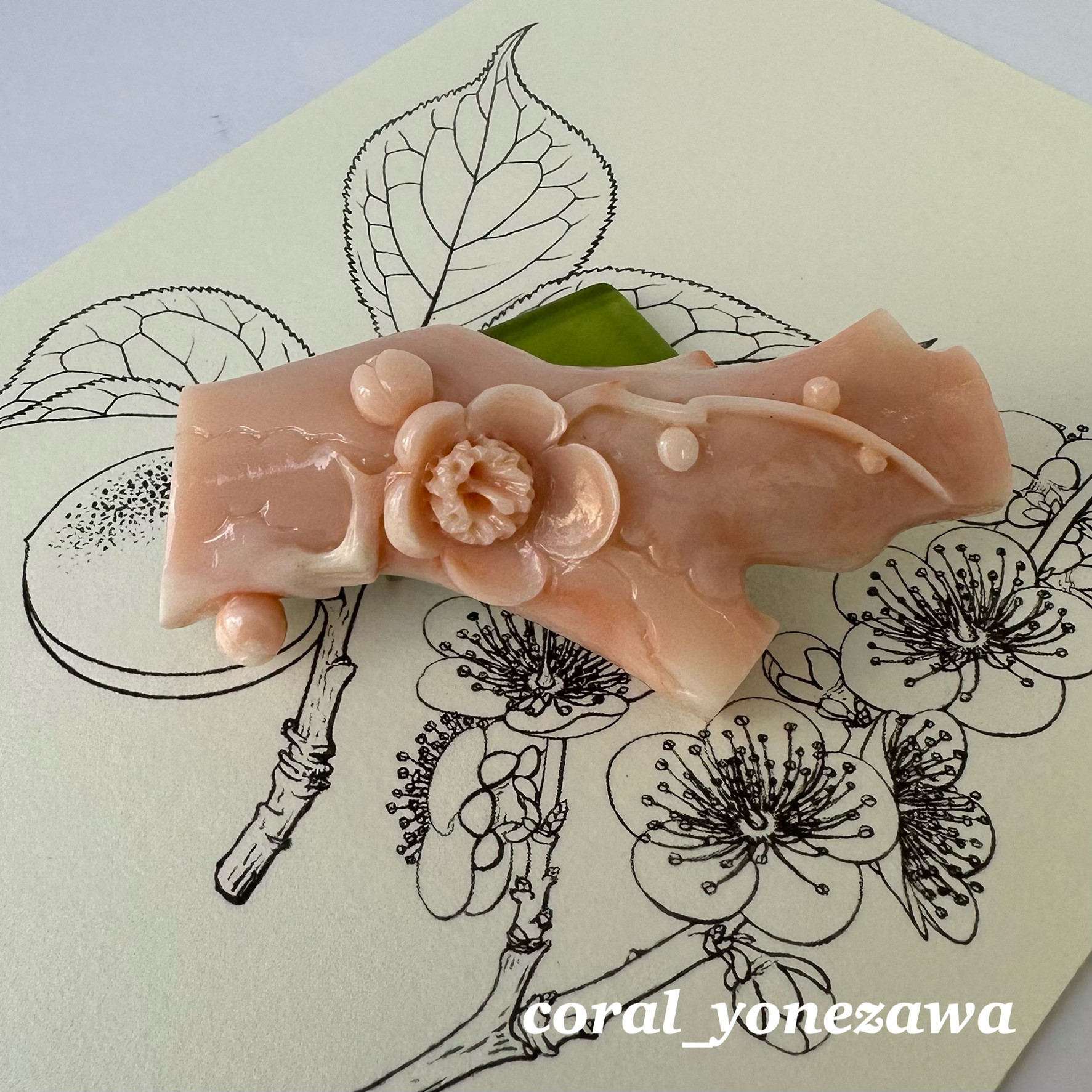 花彫刻 コーラル　米澤珊瑚加工所 バラ　帯留め 珊瑚