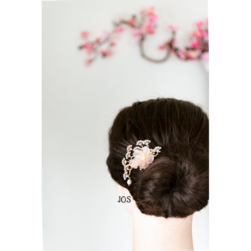 天然石ローズクォーツの桜と松枝のヘアクリップ 桜 さくら ヘア