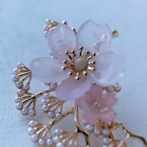 天然石ローズクォーツの桜と松枝のヘアクリップ 桜 さくら ヘア 
