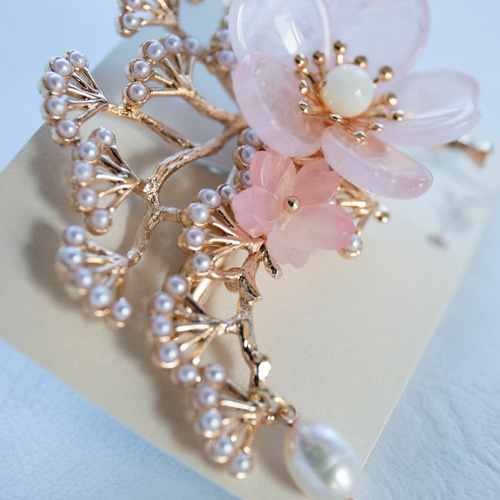天然石ローズクォーツの桜と松枝のヘアクリップ 桜 さくら ヘア