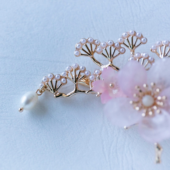 天然石ローズクォーツの桜と松枝のヘアクリップ 　桜  さくら　ヘアアクセサリー  髪飾り 6枚目の画像