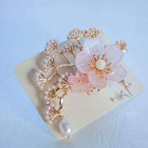 天然石ローズクォーツの桜と松枝のヘアクリップ 桜 さくら ヘア