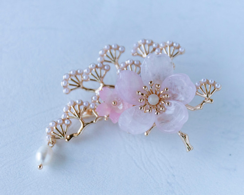 天然石ローズクォーツの桜と松枝のヘアクリップ 桜 さくら ヘア 