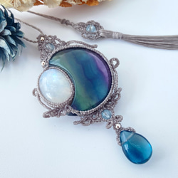 40mm☆大粒ラブラドライト×アクアマリン×レインボームーンストーン