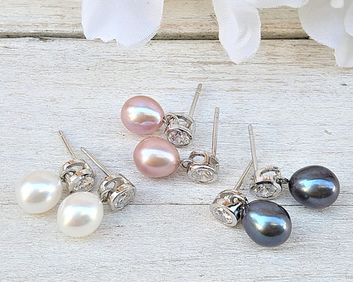 8mm 淡水パール ジルコニア付 天然石スタッドピアス シルバー925ペア