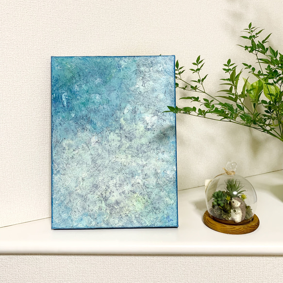 原画 油絵 木漏れ日 光と緑のアート 絵画 抽象画 F4号 青緑×クリーム色 モダンアート 6枚目の画像