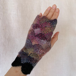 手編みニット手袋　指なし　ハンドウォーマー　アームウォーマー　フォレスト　ブラックスカラップ　女性用 2枚目の画像