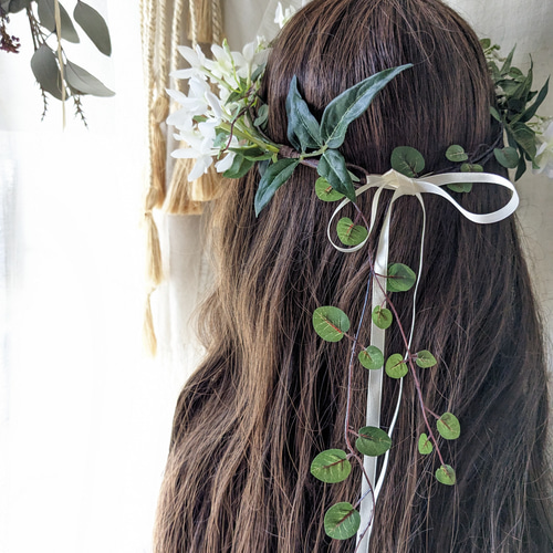 ウエディング＊* ナチュラルグリーンとジャスミンの花冠 ヘッドドレス