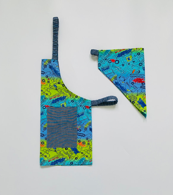 働く車×グラデーション☆100〜110こどもエプロン、三角巾、巾着3点セット　 2枚目の画像