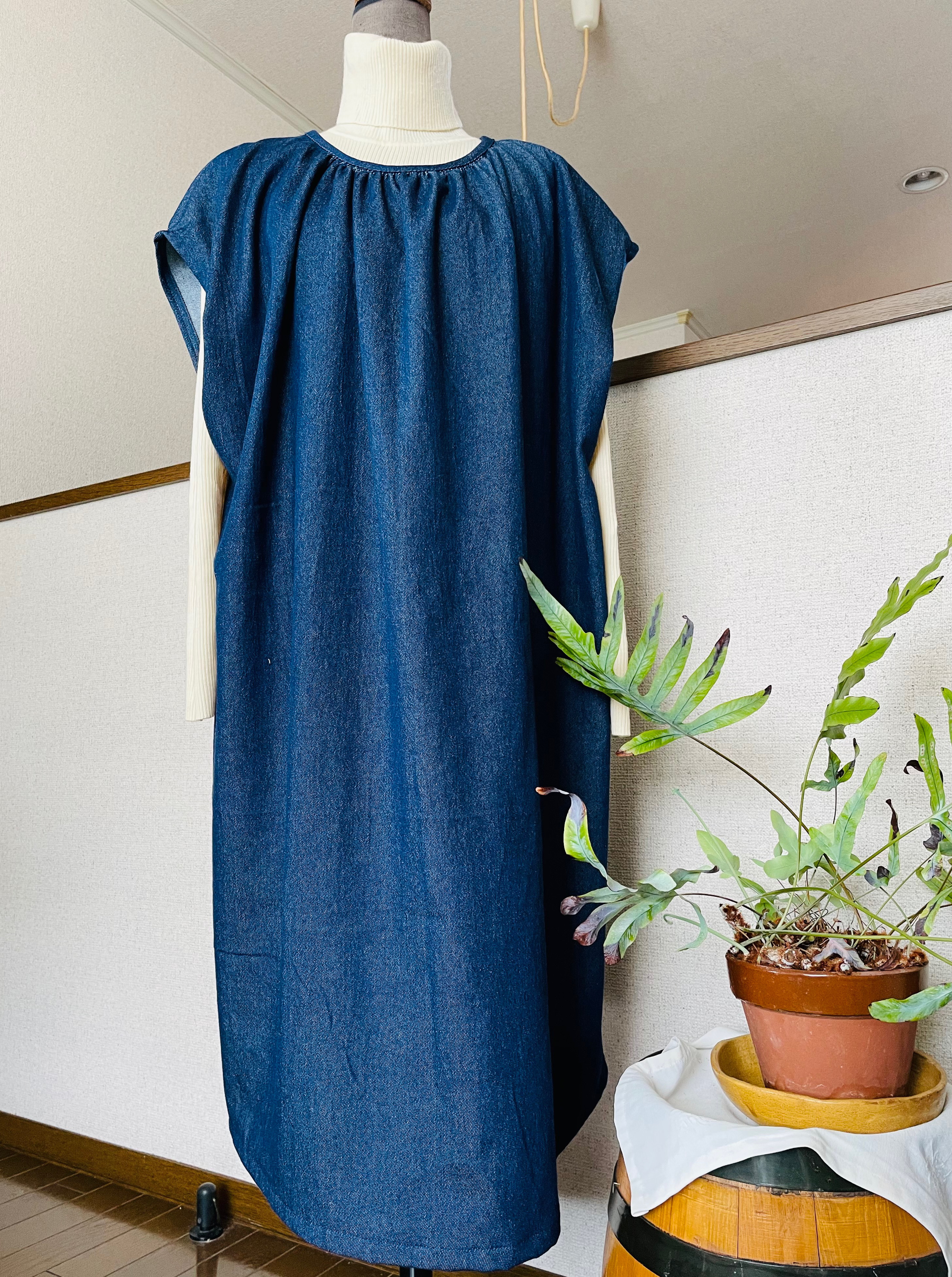 秋冬〜春まで　【サイズオーダー品】 やわらか　6オンス　ソフトデニム　襟元ギャザー　スモック　ワンピース