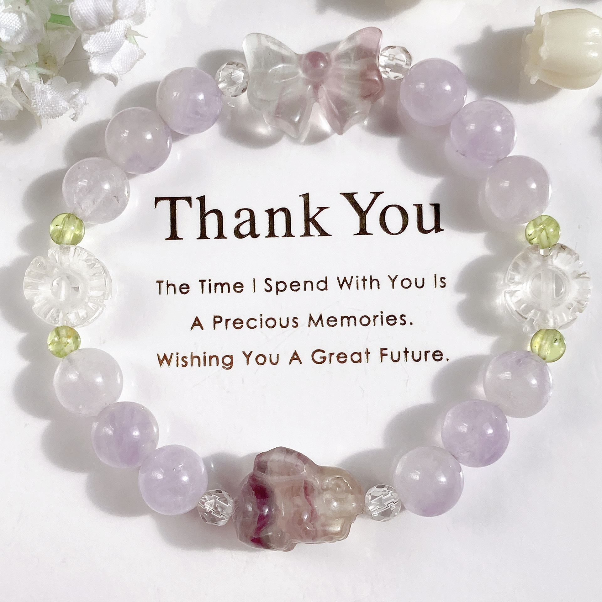 ˚✧₊⁎一点物˚✧₊⁎フローライトうさぎちゃんリボン水晶お花天然石ブレスレット