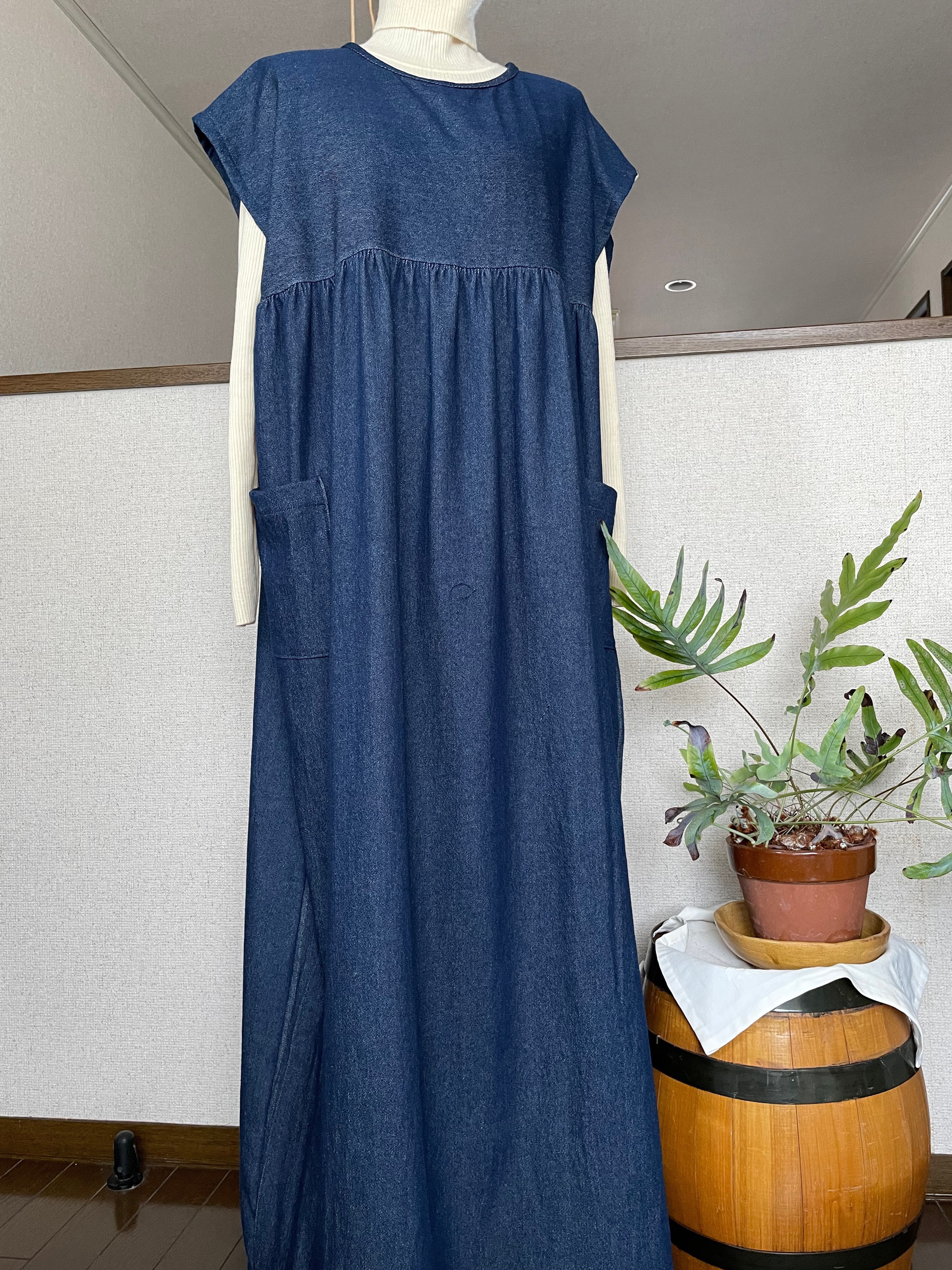 秋冬〜春　【サイズオーダー品】柔らかで　しなやソフトデニム　マキシ丈　ワンピース　ギャザー切り替え