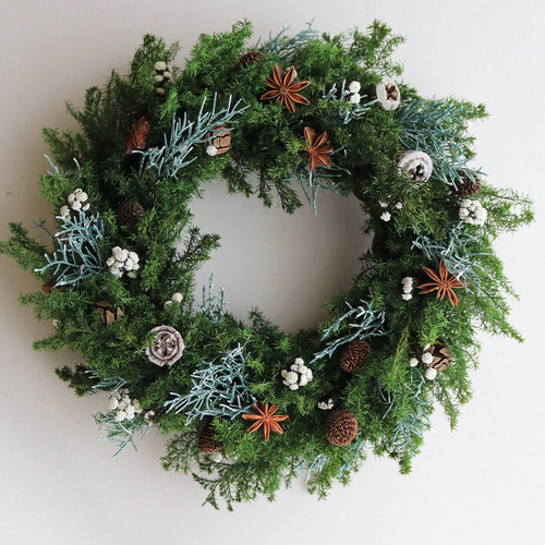 針葉樹と木ノ実のクリスマスリース✴︎冬のリース スターアニスと木の実の針葉樹リース ◇ プリザーブドフラワー