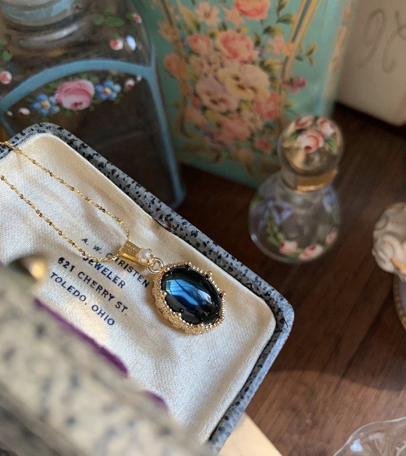 ロンドンブルー ウエスタン アンティーク オールド グレーズド レトロ ガラスストーンネックレス アート 青