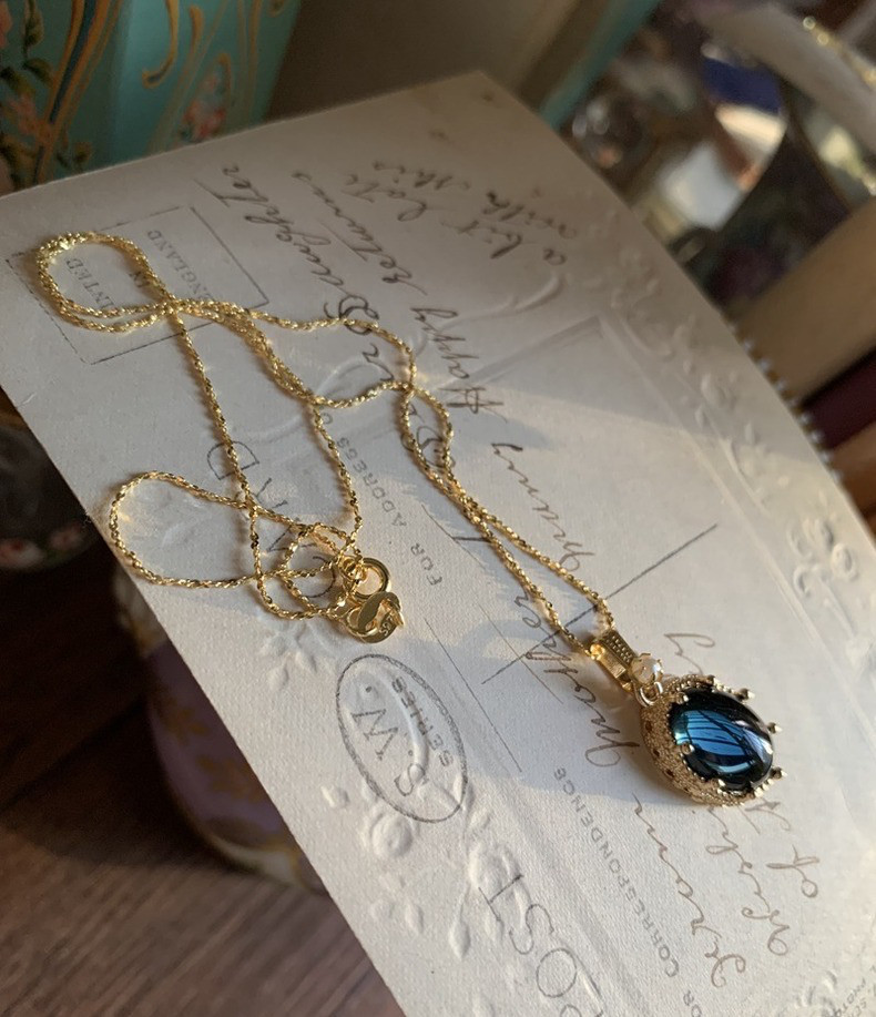 ロンドンブルー ウエスタン アンティーク オールド グレーズド レトロ ガラスストーンネックレス アート 青