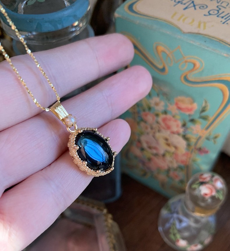 ロンドンブルー ウエスタン アンティーク オールド グレーズド レトロ ガラスストーンネックレス アート 青