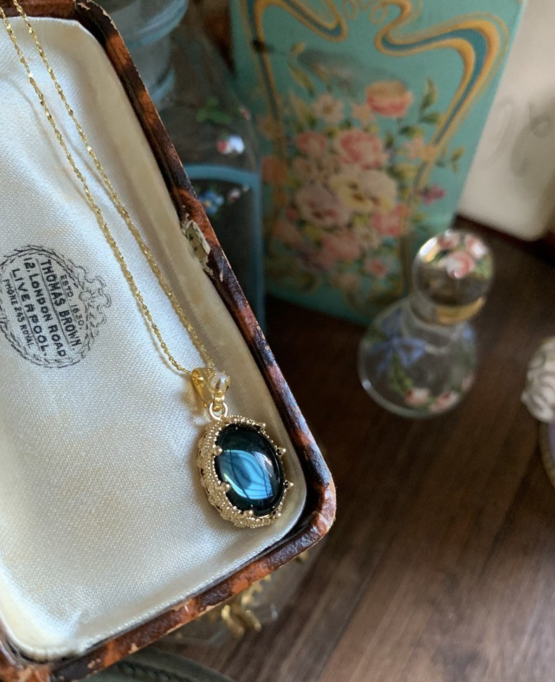 ロンドンブルー ウエスタン アンティーク オールド グレーズド レトロ ガラスストーンネックレス アート 青