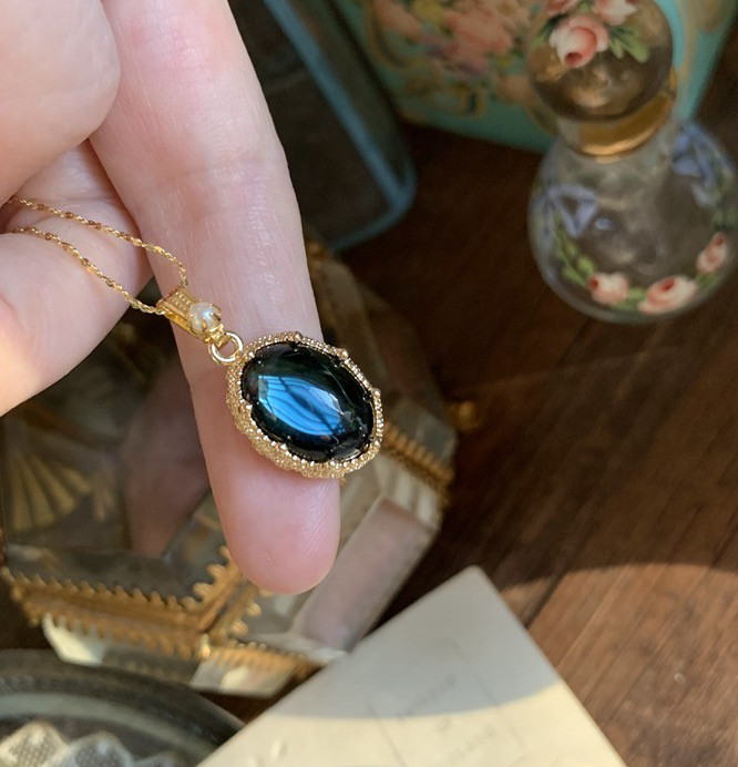 ロンドンブルー ウエスタン アンティーク オールド グレーズド レトロ ガラスストーンネックレス アート 青