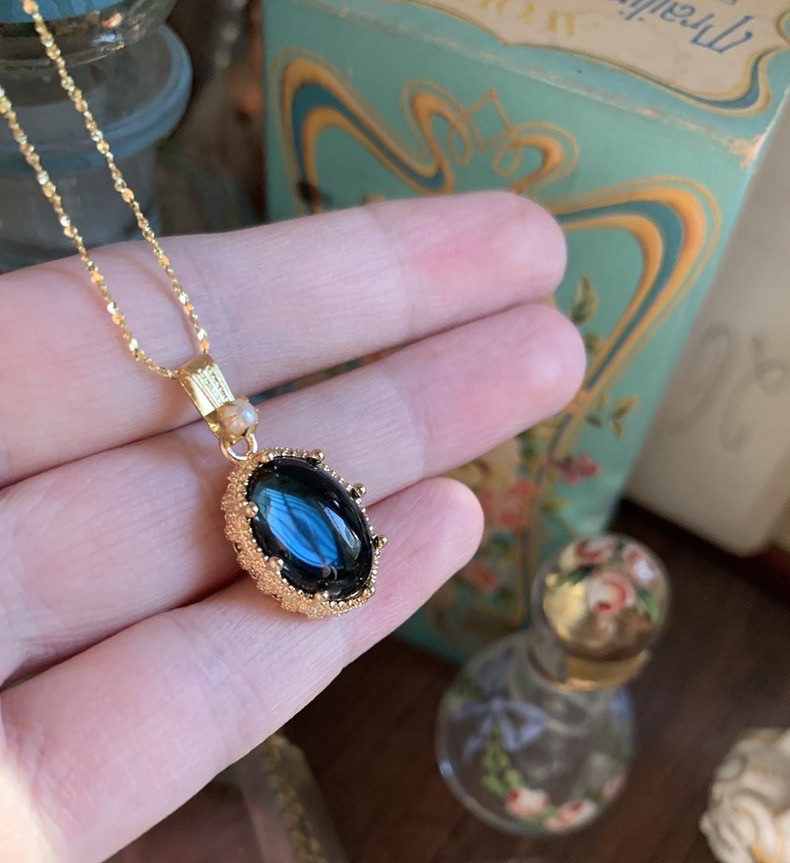 ロンドンブルー ウエスタン アンティーク オールド グレーズド レトロ ガラスストーンネックレス アート 青