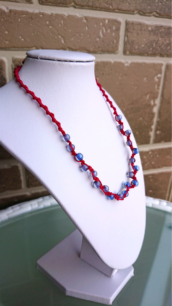 20*レッド&ブルー.マクラメ.編み込み✾ネックレス&ブレスレット