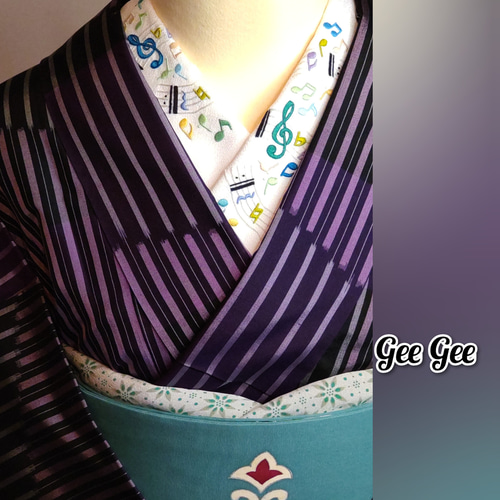 手刺繍半襟 カラフル 踊る五線譜☆踊る音符達 横柄 紫系 和装小物（帯