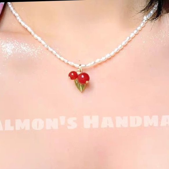 桜桃チョーカー　パール　瑪瑙　ネックレス 4枚目の画像
