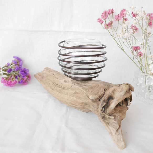 流木プランター エアープランツホルダー 植木鉢 花器 花瓶 ワイヤー グラスインテリア Sサイズ C 流木アート 9枚目の画像