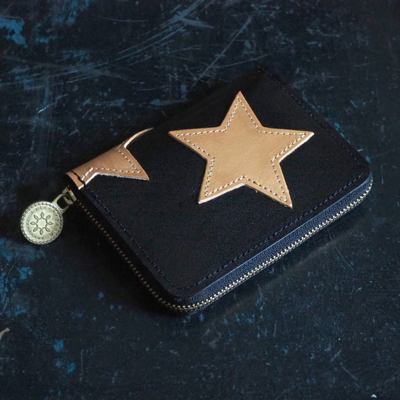 ラウンドファスナー コンパクト 財布（星型 ゴールド ブラック）牛革 ミニ 2枚目の画像