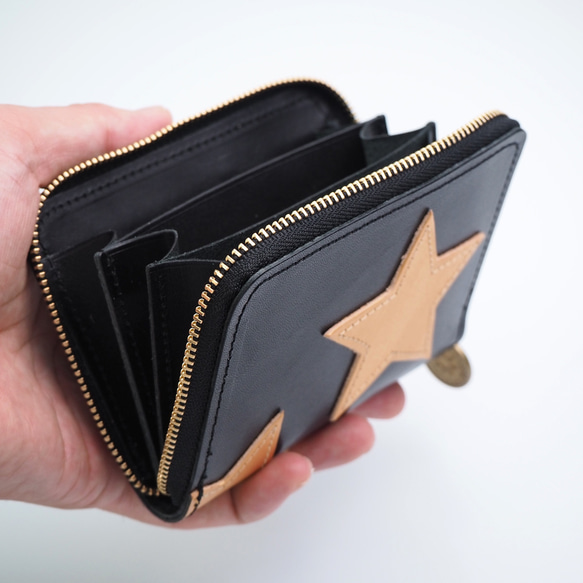 ラウンドファスナー コンパクト 財布（星型 ゴールド ブラック）牛革 ミニ 6枚目の画像