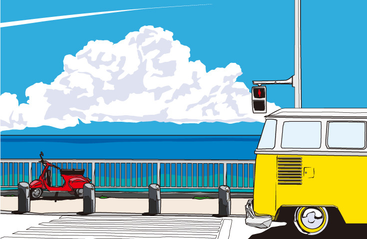 版画作品　湘南イラスト「海岸線を越えて」