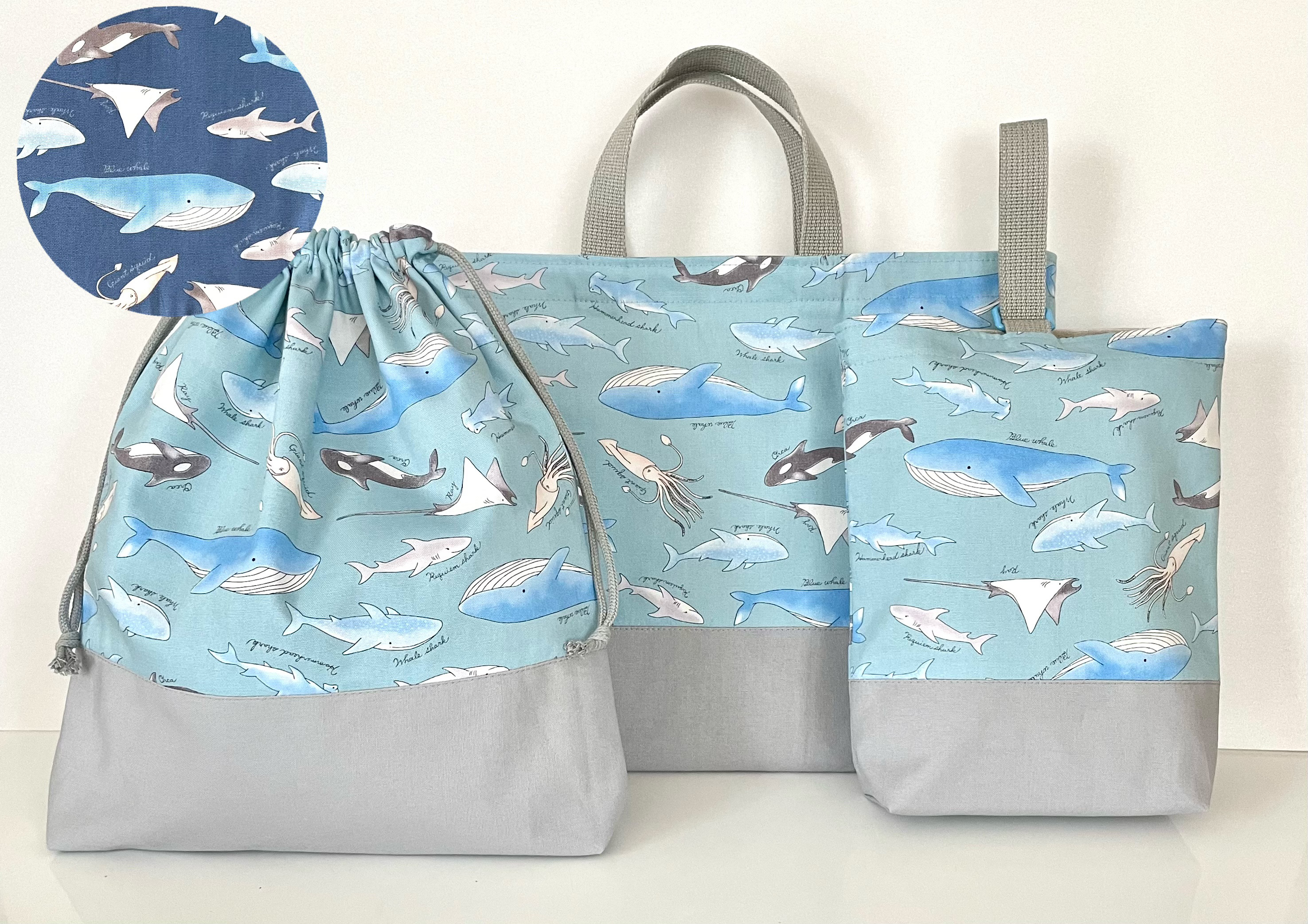 2色再販★海の仲間達☆3点セット　カッコイイ　入園入学　上靴入れ　お着替え袋　オーダーOK 受注製作　クジラ　サメ　魚