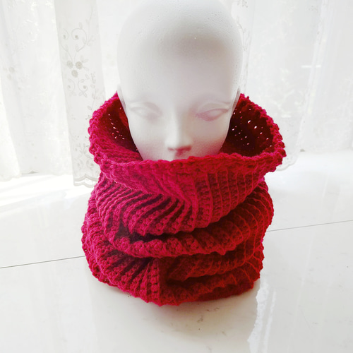 再販】くしゅくしゅ ネックウォーマー 赤 レッド 編み 手編み 編み物