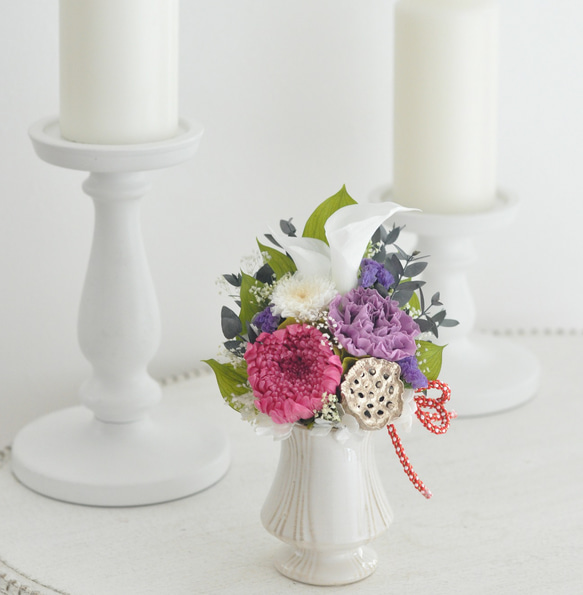 【仏花】 輪菊、カラーが美しい　プリザーブドフラワー仏花、お供え花（ラズベリーver） 4枚目の画像