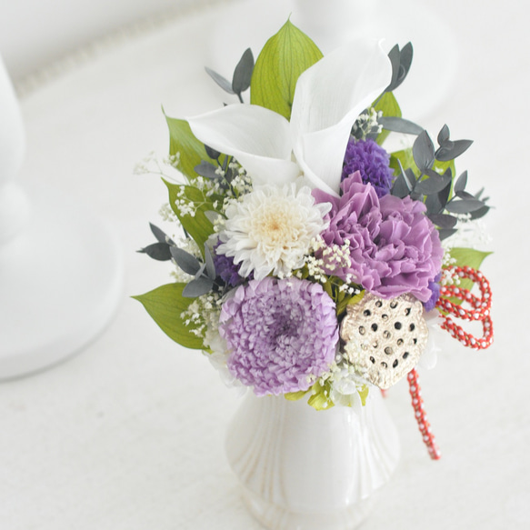 【仏花】 輪菊、カラーが美しい　プリザーブドフラワー仏花、お供え花（ライラックver） 5枚目の画像