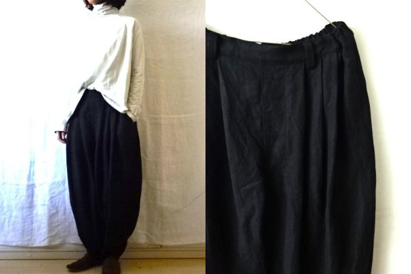 【受注制作】黒/ヴィンテージ風リネンツイル　3tuckバルーンパンツ