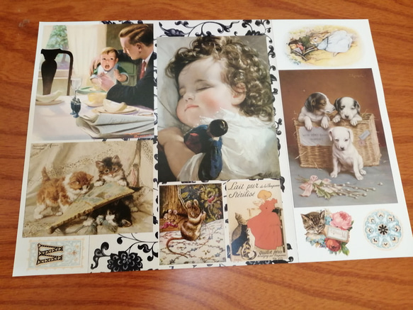 絵画　デザインペーパー　猫　こども　犬　A4　ツヤあり　10枚 1枚目の画像