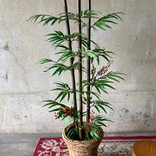 光触媒人工観葉植物ウォールグリーンフェイクフラワーハンドメイド　黒竹南天付カゴ付 光触媒人工観葉植物ウォールグリーンフェイクフラワー