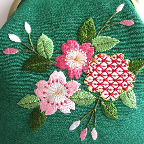 日本刺繡』＊桜さくら＊がま口ポーチ・化粧ポーチ◇グリーン＊ピンク