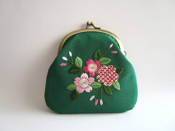 日本刺繡』＊桜さくら＊がま口ポーチ・化粧ポーチ◇グリーン＊ピンク