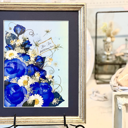 アンティークカード入りミニ薔薇の微笑み 押し花アート額 神戸
