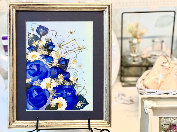夢かなう貴重な青い薔薇の押し花アート額03 5枚目の画像