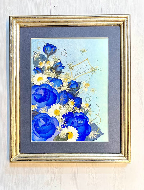 夢かなう貴重な青い薔薇の押し花アート額03 6枚目の画像
