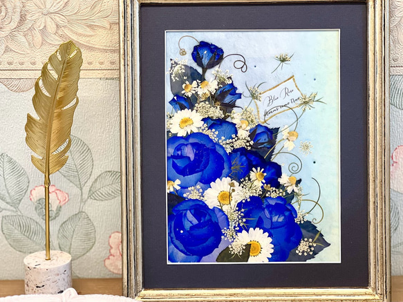 夢かなう貴重な青い薔薇の押し花アート額03 3枚目の画像