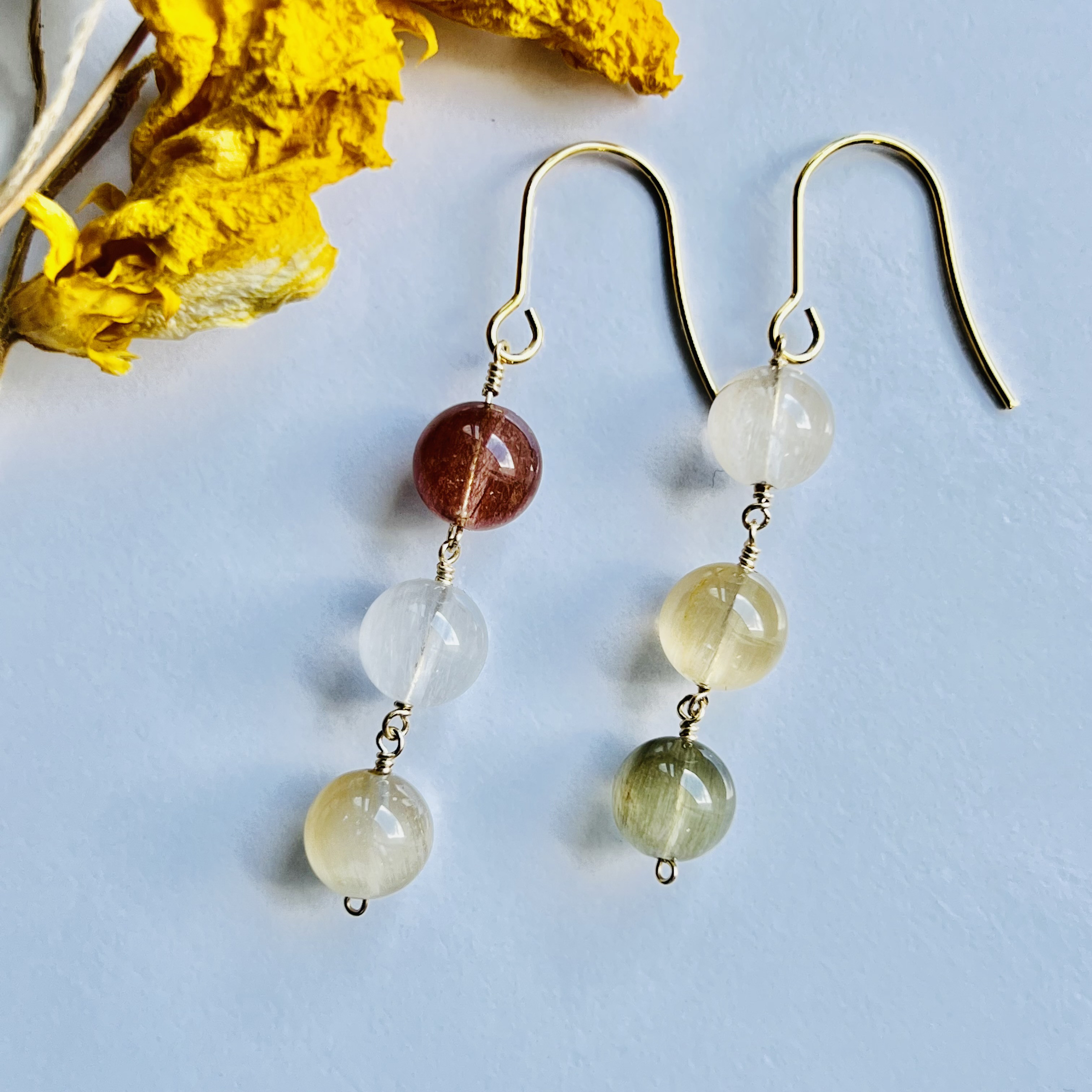 サゲニティッククォーツ ストレートラインピアス　14kgf 高品質 ミックスカラー